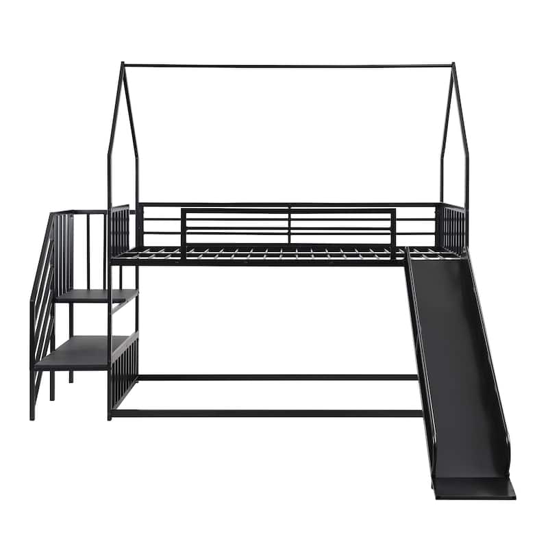 Twin Over Twin House Bunk Bed with Convertible Slide & Staircase, Metal Floor Bunk Beds Frame for Kids Boys Girls, Easy Assembly