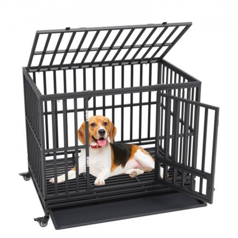 Black Indestructible Heavy Duty Carbon Steel Dog Crate with 3-Door and Lockable Swivel Wheels