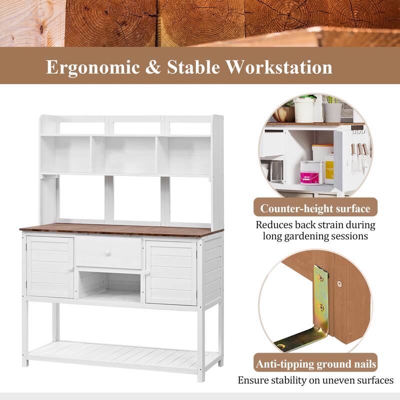 Outdoor Wood Potting Bench with Cabinets and Hutch, Garden Workstation Table with Adjustable Shelves and Hooks - White