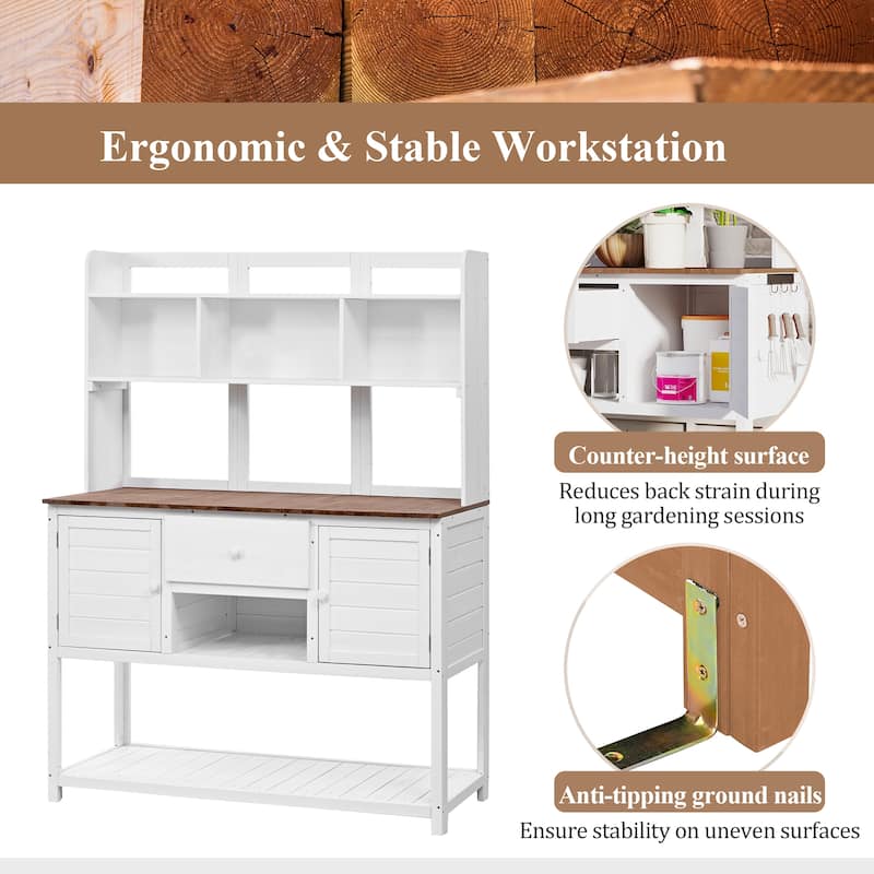 Roomfitters Outdoor Potting Bench Table, Solid Fir Wood with Hutch, storage units & Adjustable Shelves for Planting