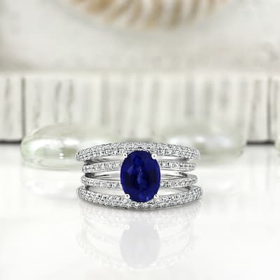 Auriya 18k Gold 2 1/2ct Oval Sapphire 4-Band Diamond Ring 9/10ct TDW