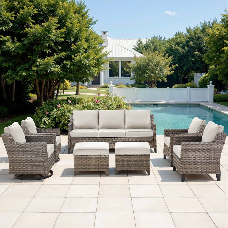 Pocassy Wicker Patio Sofa Glider Swivel Chair Ottoman Furniture Set. - Beige Cushion Gray Wicker - 7-Piece Sofa Chair Ottoman w/ Swivel Chair Set
