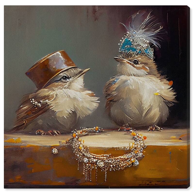 Wynwood Studio Canvas Animals Baby Chickens Trying On Jewelry Brown and Traditional Wall Art Canvas Print - Brown, Blue