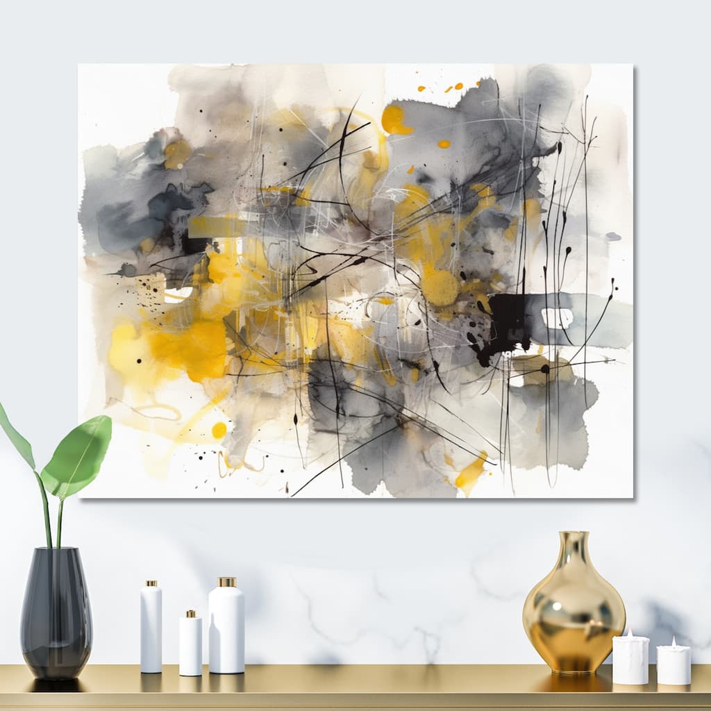 Designart "Yellow Grey Beyond The Canvas II" Abstract Shapes Metal Wall Art Living Room