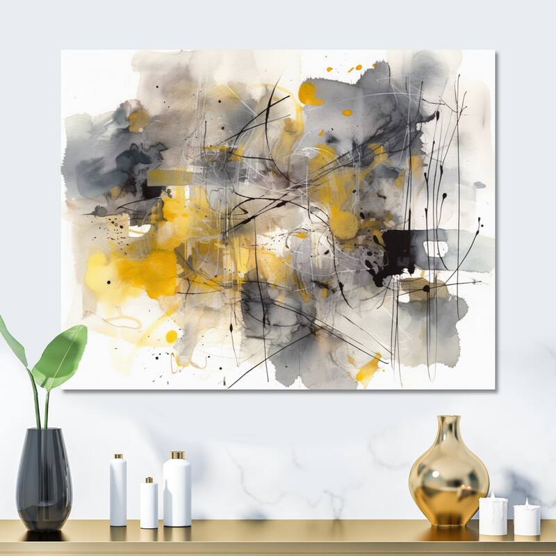Designart "Yellow Grey Beyond The Canvas II" Abstract Shapes Metal Wall Art Living Room