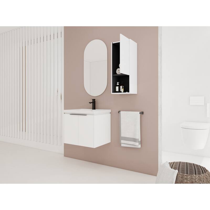 24" Wall-Mounted Bathroom Vanity with Ceramic Sink and Soft-Close Doors, Side Cabinet for Extra Storage