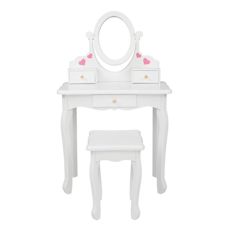 Kids Three Drawers Wooden Dressing Table Round Mirror with Stool - White