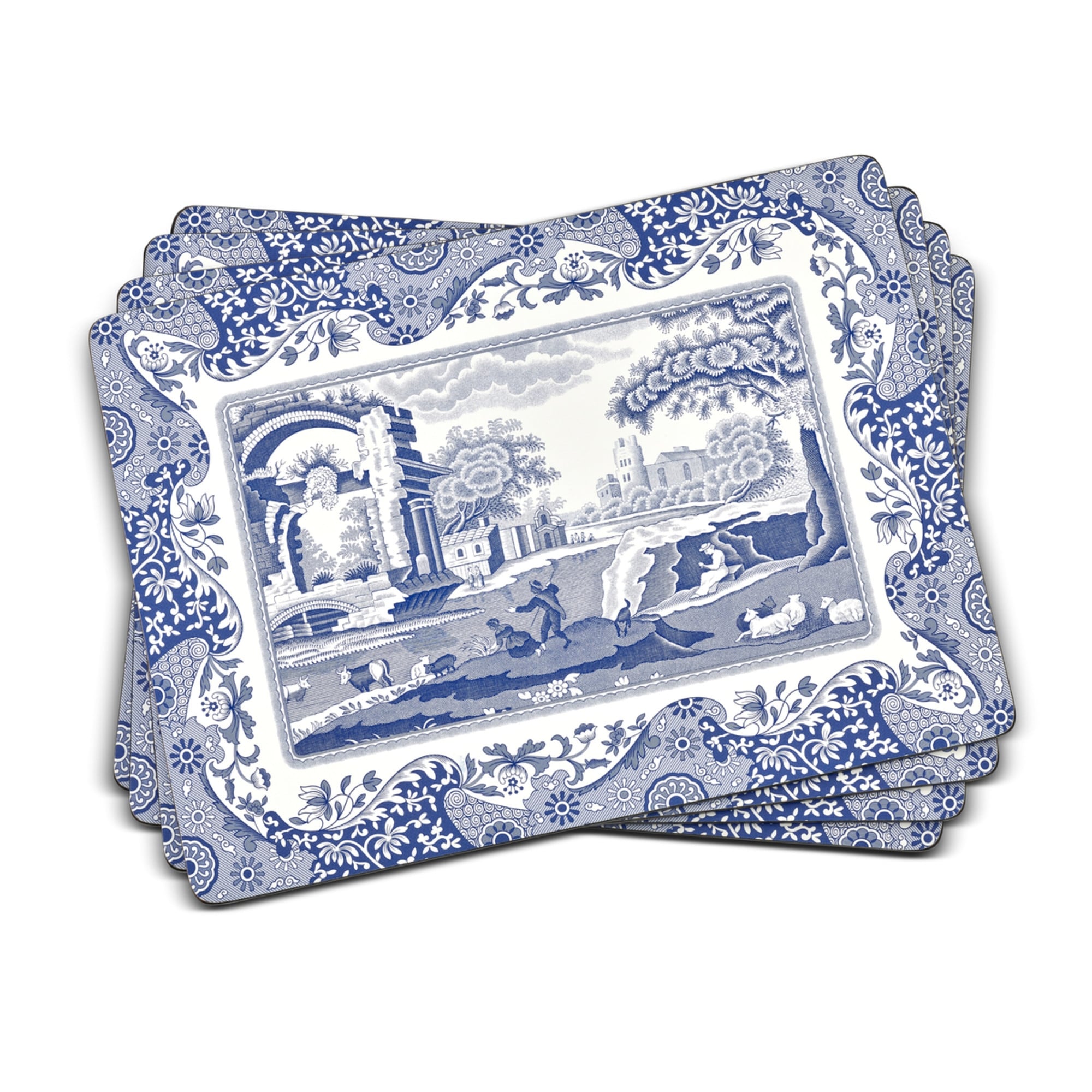 Spode Blue Italian Cork Placemats 4 Piece Set Blue White Lacquered - 15.7 inches x 11.7 each