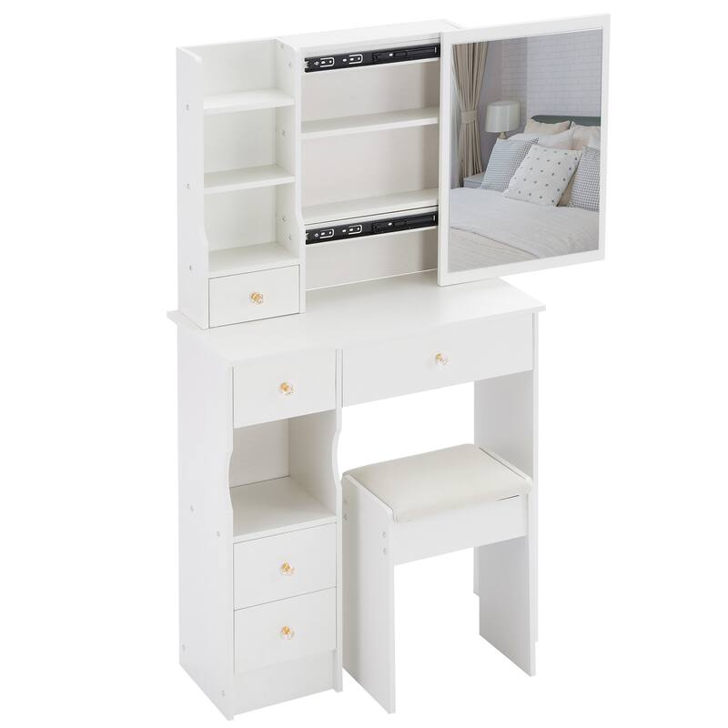 Vanity Desk with Sliding Mirror, Makeup Table with Drawer and Multi Layer Storage Rack, Vanity Set with Cushioned Stool