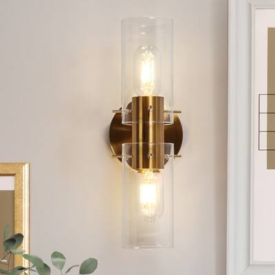 2-Light Modern Gold Wall Sconce Bathroom Light with Cylindrical Glass Shade - Plating Brass - L13.4"*W3.1"