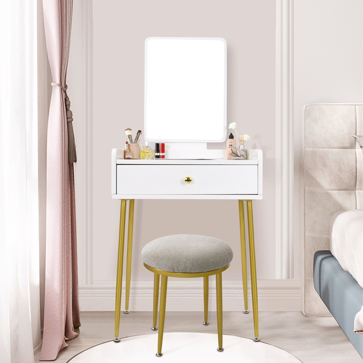 Shop Dresser Desk Vanity Set For Bedroom With Stools Mirror Drawers Overstock 32222336