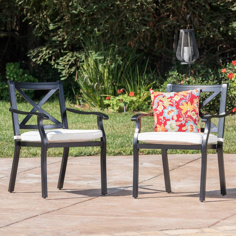 Roomfitters Outdoor Aluminum Armchairs with X-Back Design and Cushions, Black+Ivory
