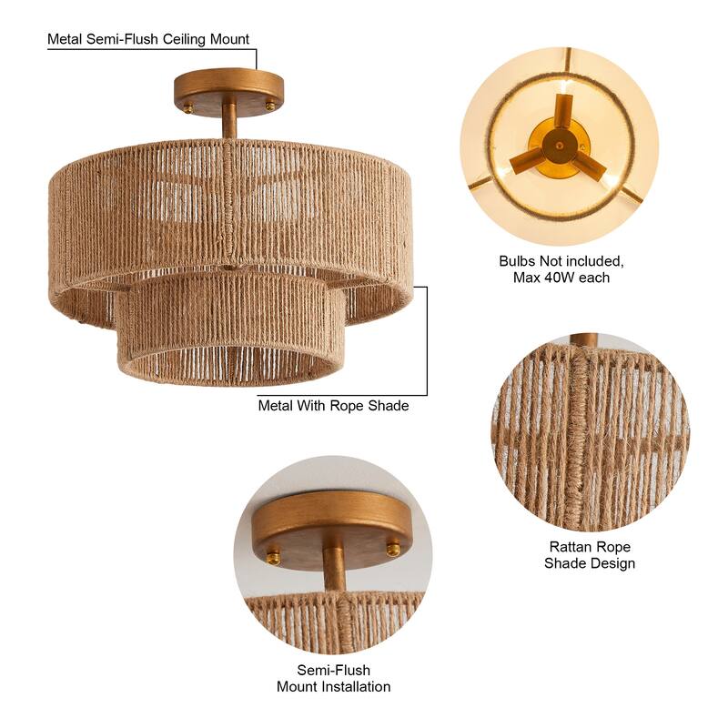 Bohemian Gold Natural Handmade Jute Rope 3-Light Two-Tier Drum Semi-Flush Mount Ceiling Light - 15.4"Wx12.6"H
