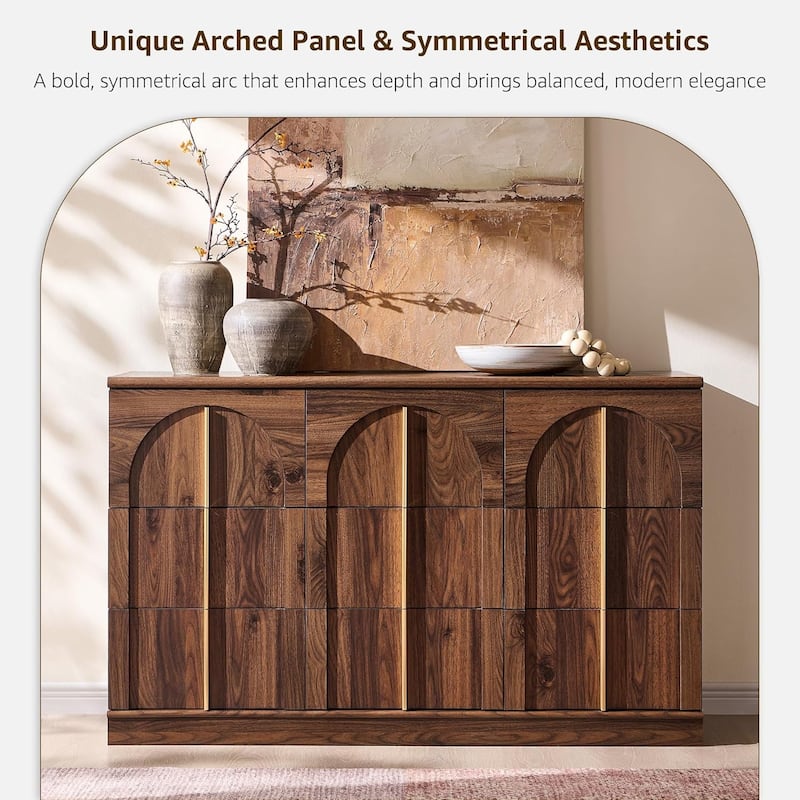 Modern Arched 9 Drawers Dresser, Wood Chest of Drawers for Living Room