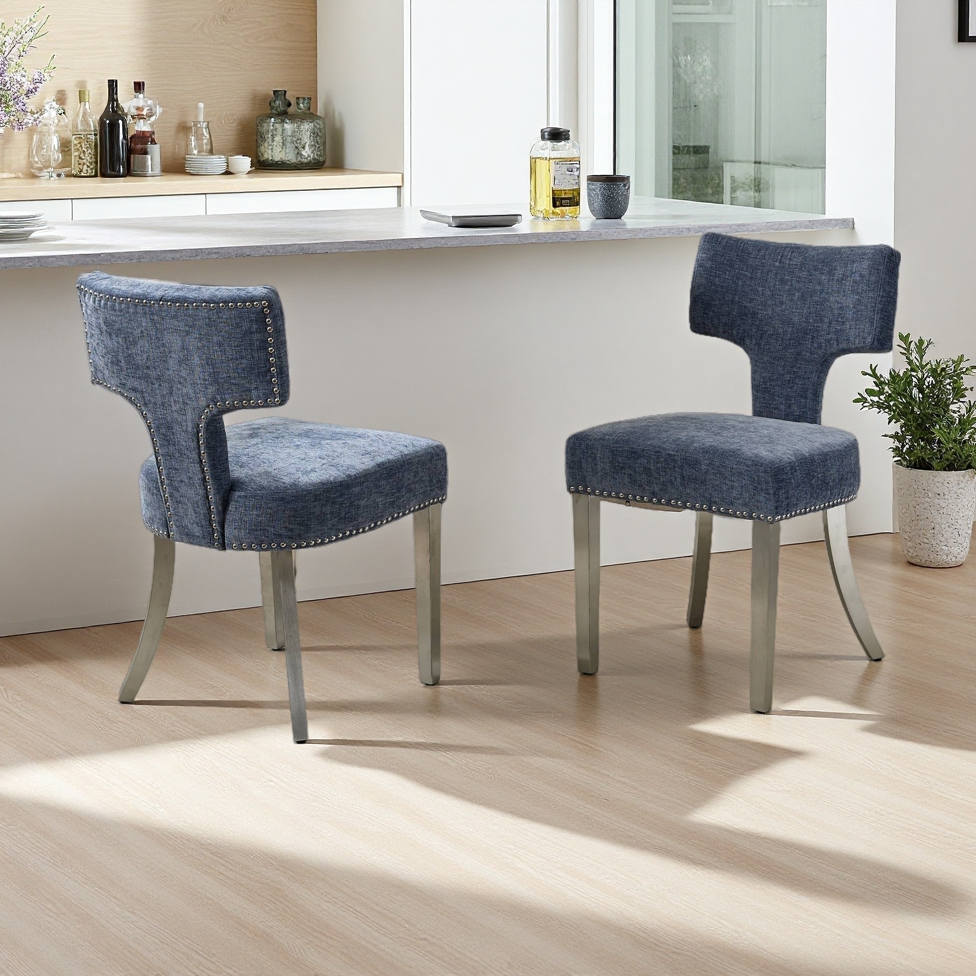 33"H Set of 2 Chenille Dining Chairs with Nailhead Trim & Stainless Steel Legs