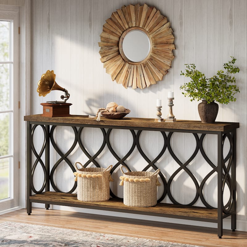 70.9" Console Sofa Table, 2-Tier Industrial Entryway Accent Table - Rustic Brown + Black
