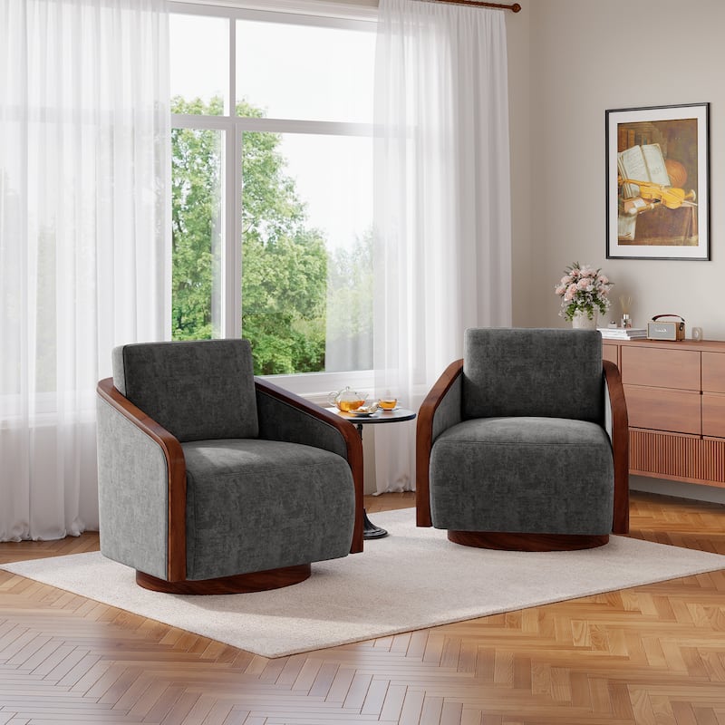 Set of 2 Modern 360° Swivel Accent Barrel Chairs with Wood Arms