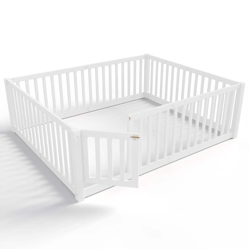 Montessori Floor Bed with Safety Guardrails & Door, Kids Low Profile Frame, Available in Queen/Full/Twin