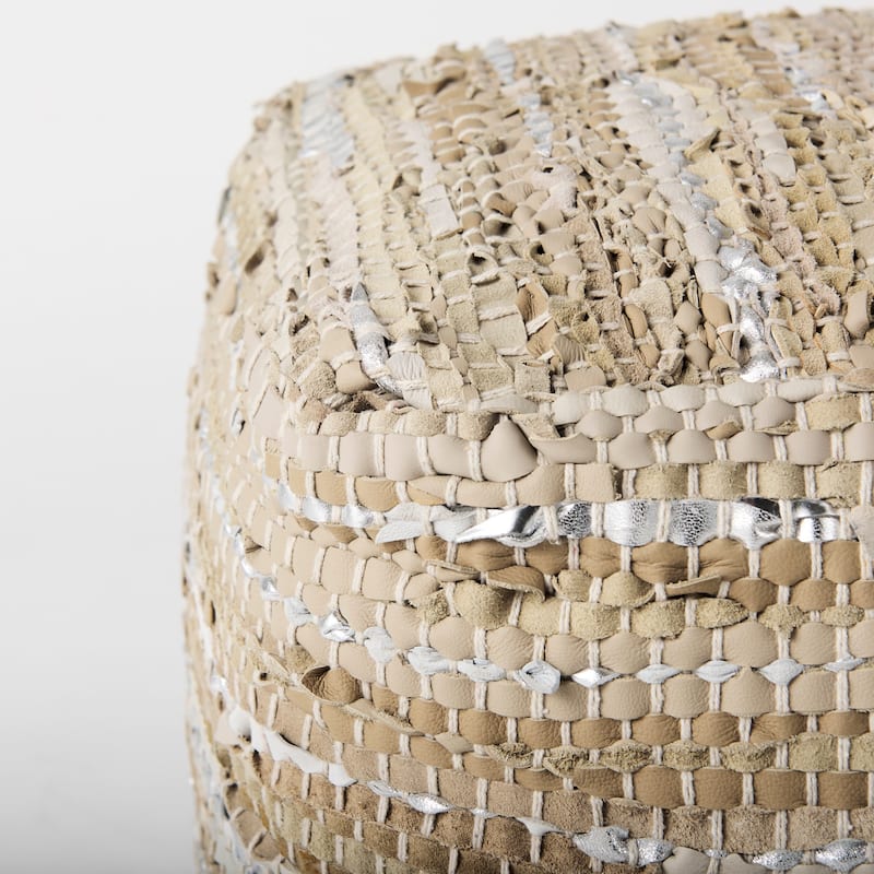 Mercana "Aadhya" Taupe & Silver Leather / Cotton Square Pouf