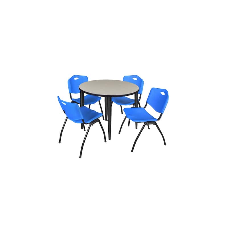 42 in. Round Breakroom Table- Maple Top, Black Base & 4 M Stack Chairs- Blue