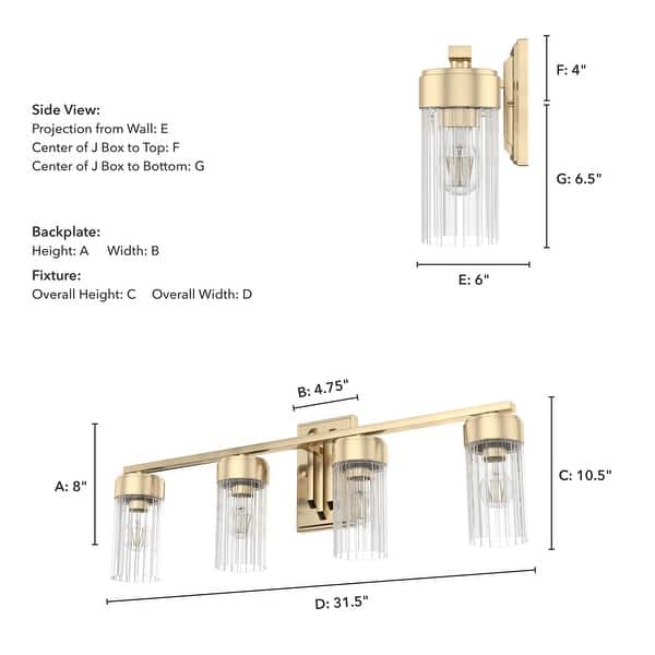 dimension image slide 1 of 8, Hunter Gatz Ribbed Glass Vanity Wall Light - Bathroom - Glam, Fluted Glass - Damp Rated!