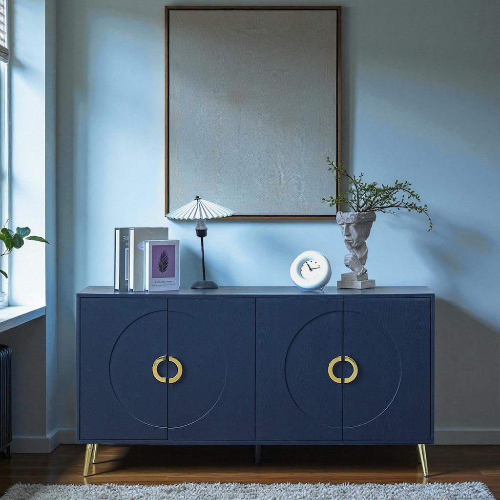 Modern Navy Blue Lacquered 4-Door Sideboard Buffet Storage Cabinet with Gold Legs for Dining Room and Living Room