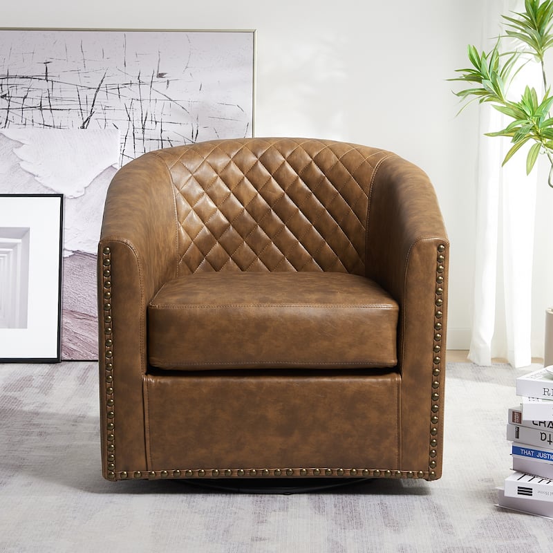 KINWELL 29" Wide Tufted PU Leather Swivel Barrel Chair
