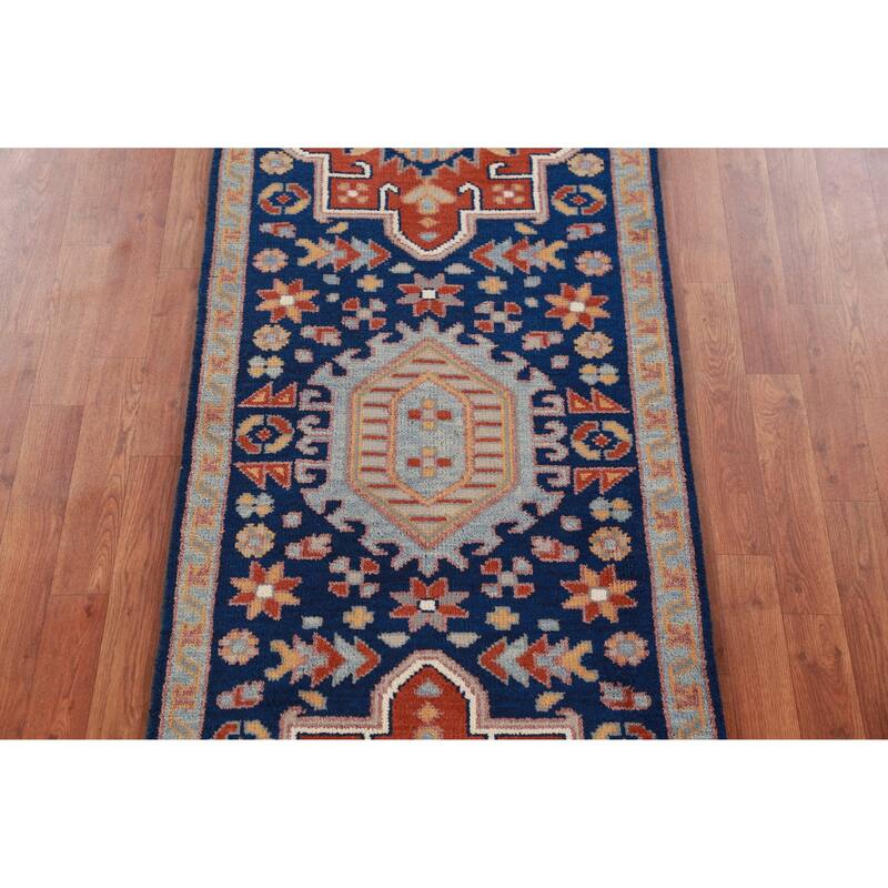 Hand Knotted Oriental 100% Wool Carpet Traditional Geometric Navy Blue & Blues Kazak Runner Rug - 7' 9'' X 2' 7''