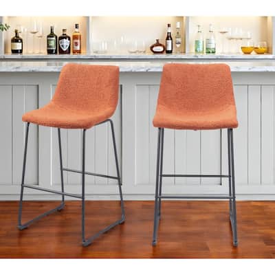 Set of Two 29" Burnt Orange and Black Shearling and Steel Bar Height Bar Chairs
