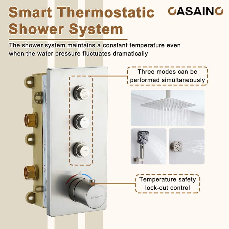Luxury Thermostatic Shower System 3-Spray Patterns Ceiling Mount Fixed Shower Head and Handheld Spray with 6 Body Jets