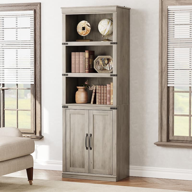 Book Shelf with Door, 5 Tier Wooden Book Case with Storage, 68.7" - Grey - 24.41inch