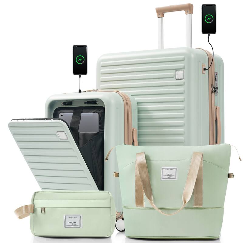 4-Piece Luggage Set with USB Charging Ports - 20in Carry-On (Front-Opening for Laptop) 28in Checked Suitcase with TSA Lock - Green