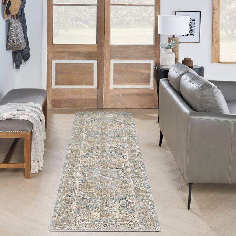 Nourison Nyle Indoor only Grey Geometric Area Rug - Blue/Cream - 2' 3" x 8' - Runner