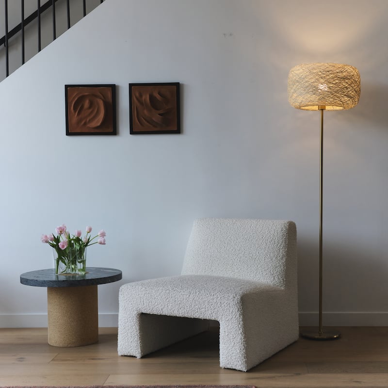 Brightech Rowan 66 in. Antique Brass Mid-Century Modern LED Super Bright Floor Lamp with Beige Twine Drum Shade