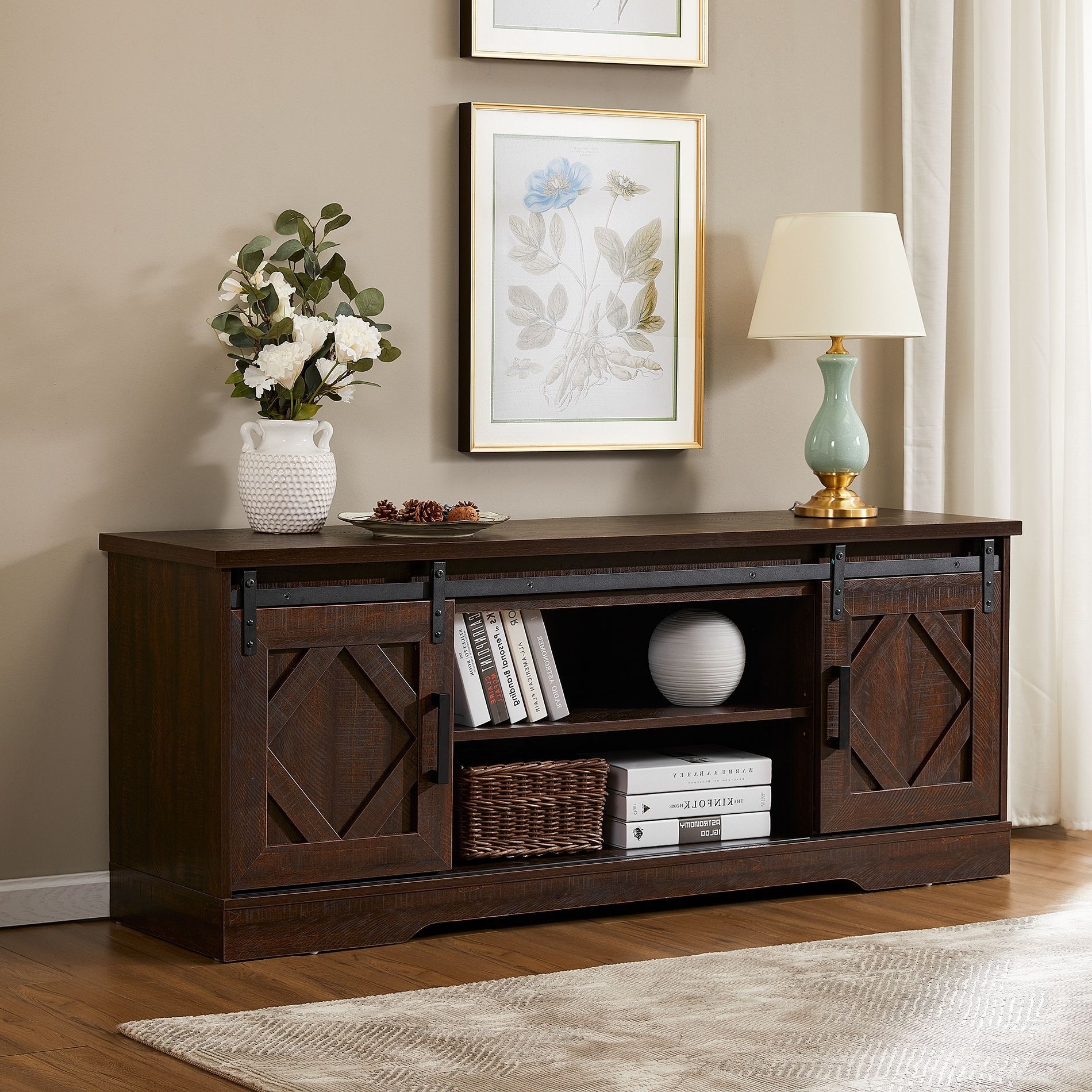 Details about   Rustic Farmhouse Sliding Barn Door TV Stand Console Table Storage for Up To 58" 