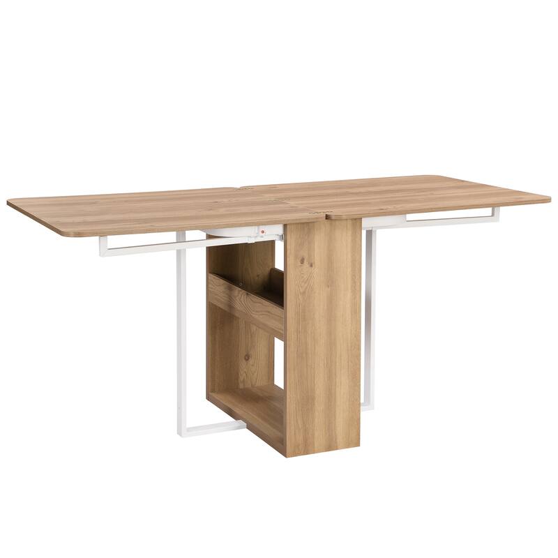 Modern 5-Piece Extendable Dining Table Set, 63" Kitchen Foldable Wooden Table with Lower Storage Shelf and 4 PU Leather Chairs