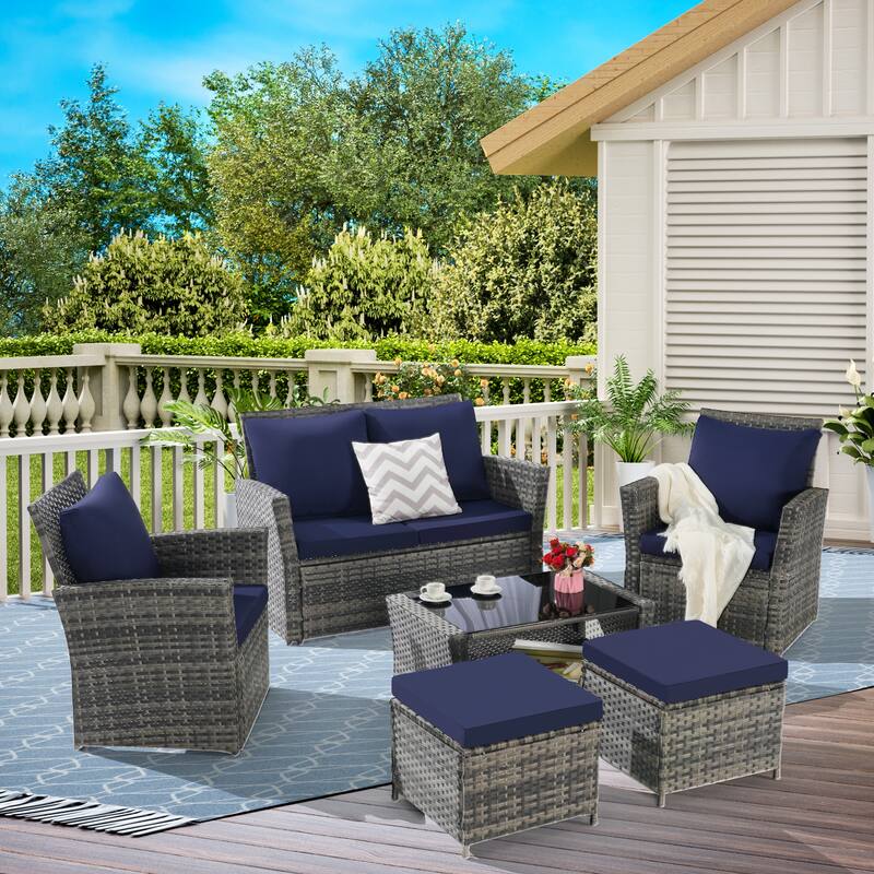 6 Pcs Patio Furniture Set, Outdoor Wicker Sectional Sofa Set, 2 Armchairs, 2 Ottomans and Tempered Glass Top Coffee Table - Dark Blue
