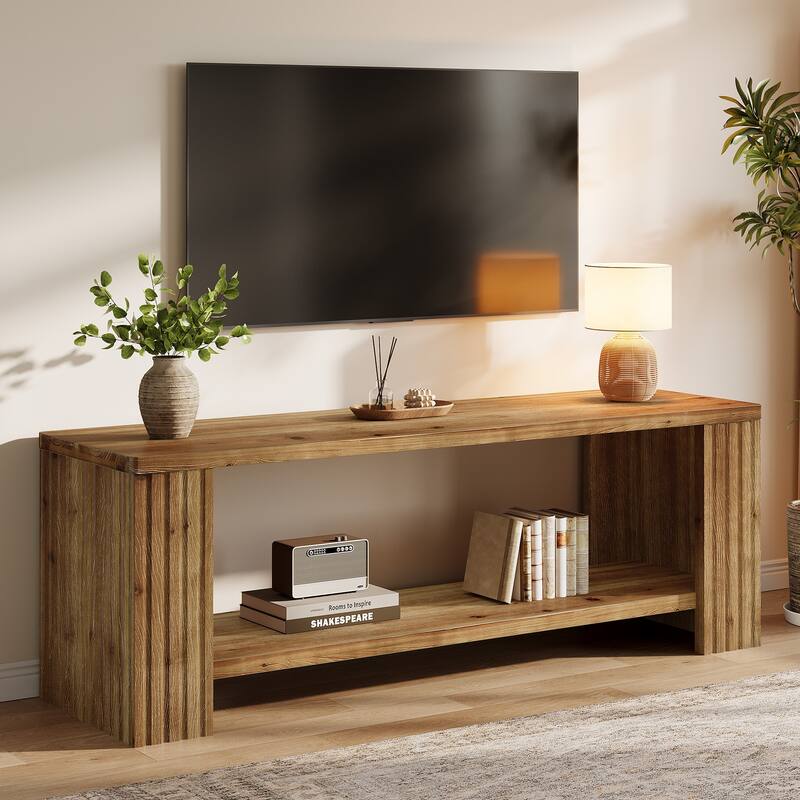 63" Farmhouse Entertainment Center with 2-Tier Storage Shelf - Rustic Brown