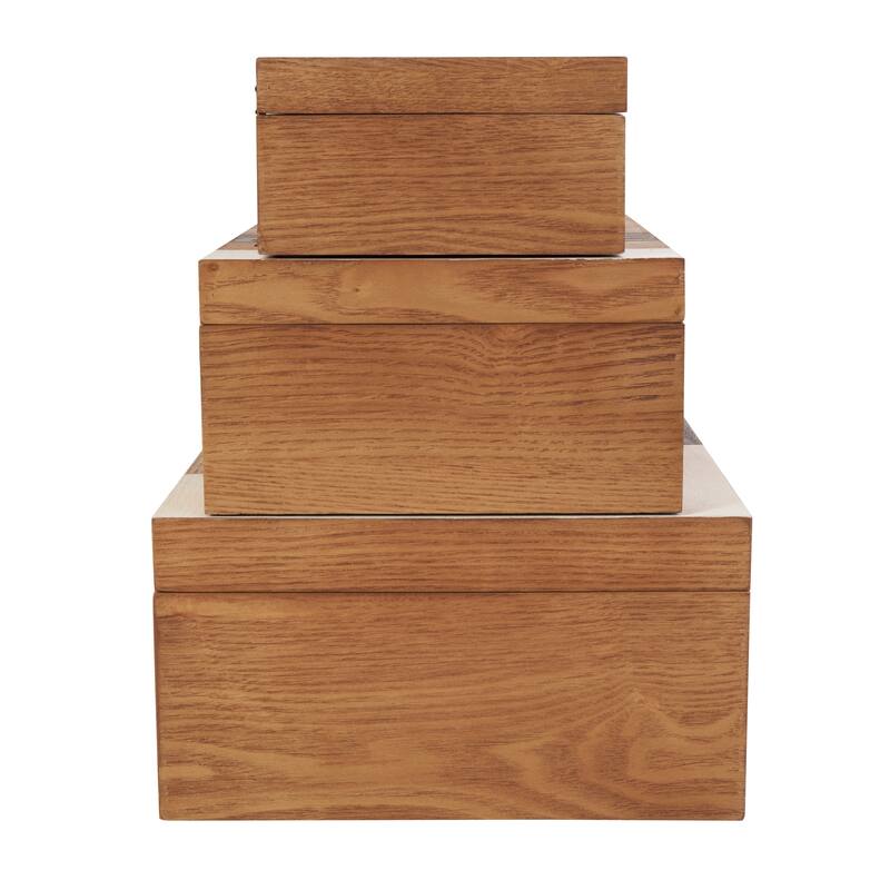 Brown Wooden Geometric Decorative Box with Cream and Dark Brown Stripes (Set of 3)