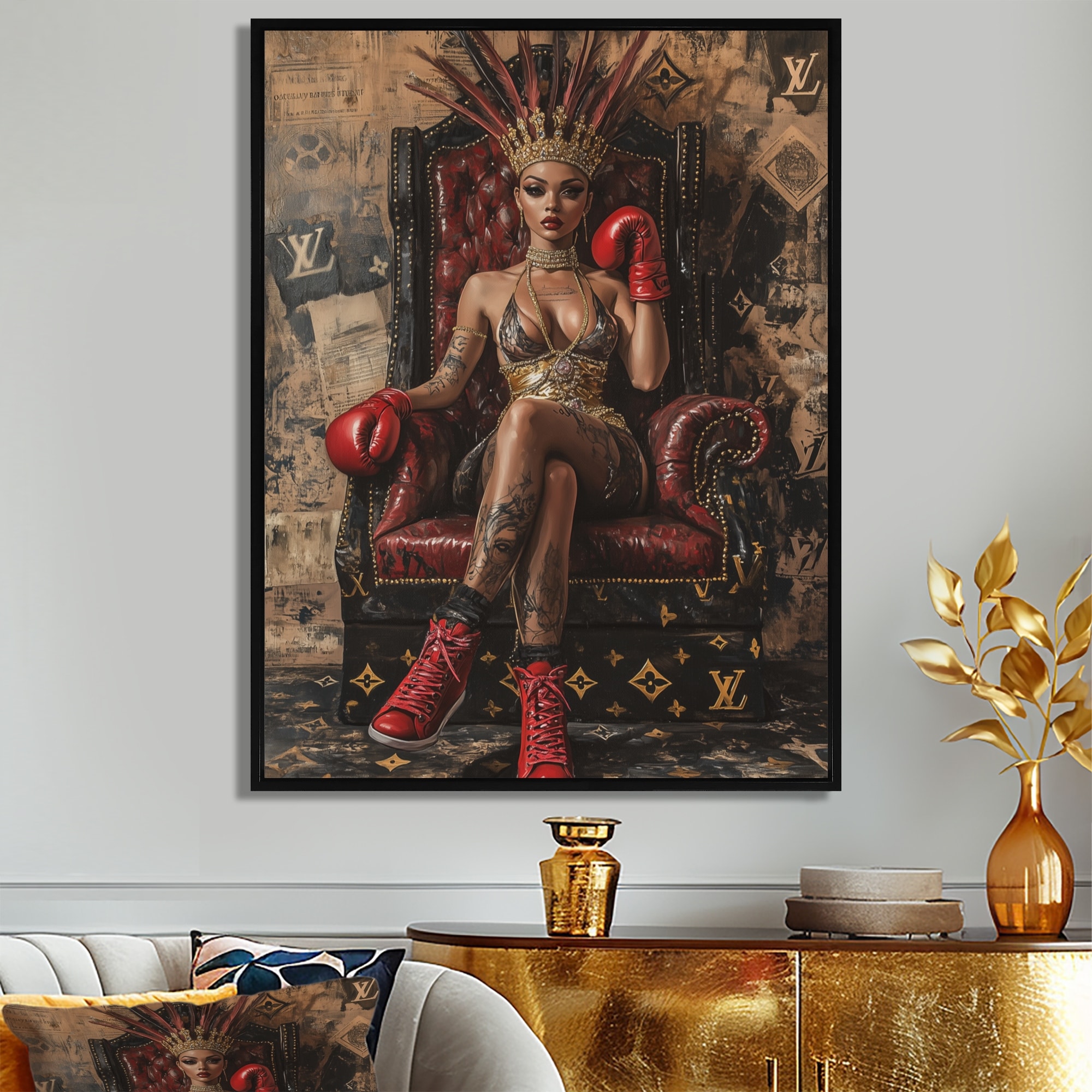 Designart "Don'T Mess With Me Boxing Babe In Red" Fashion Girl Power Framed Canvas Wall Art - Glam Wall Decor Art