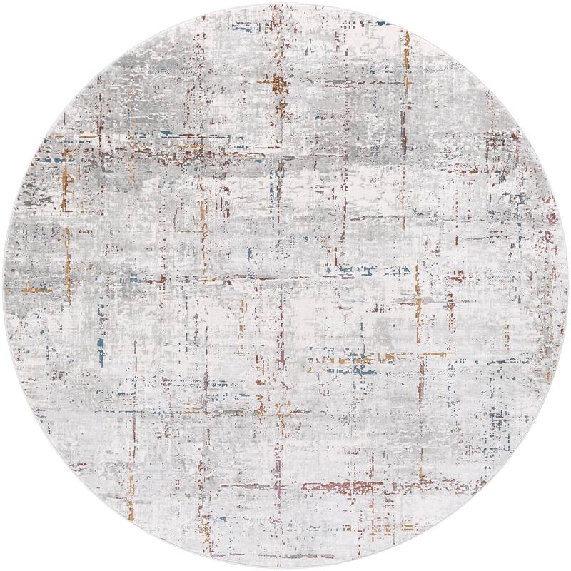 Livabliss Industrial Aisha Abstract Area Rug - 7'10" x 7'10" Round - Grey/Orange