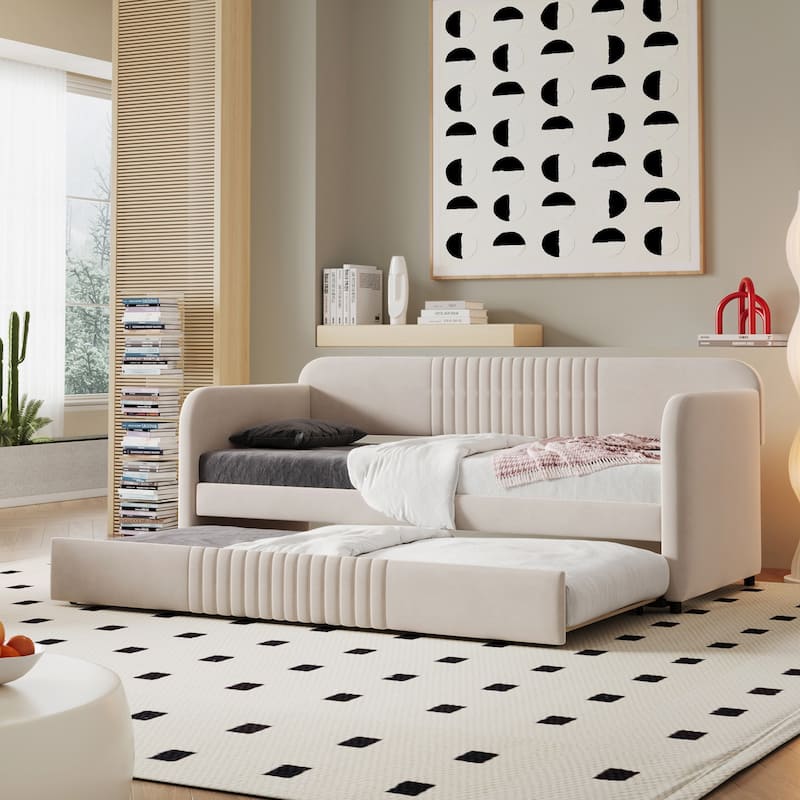 Twin Size Daybed with Trundle, Elegant Upholstered Velvet Sofa Bed