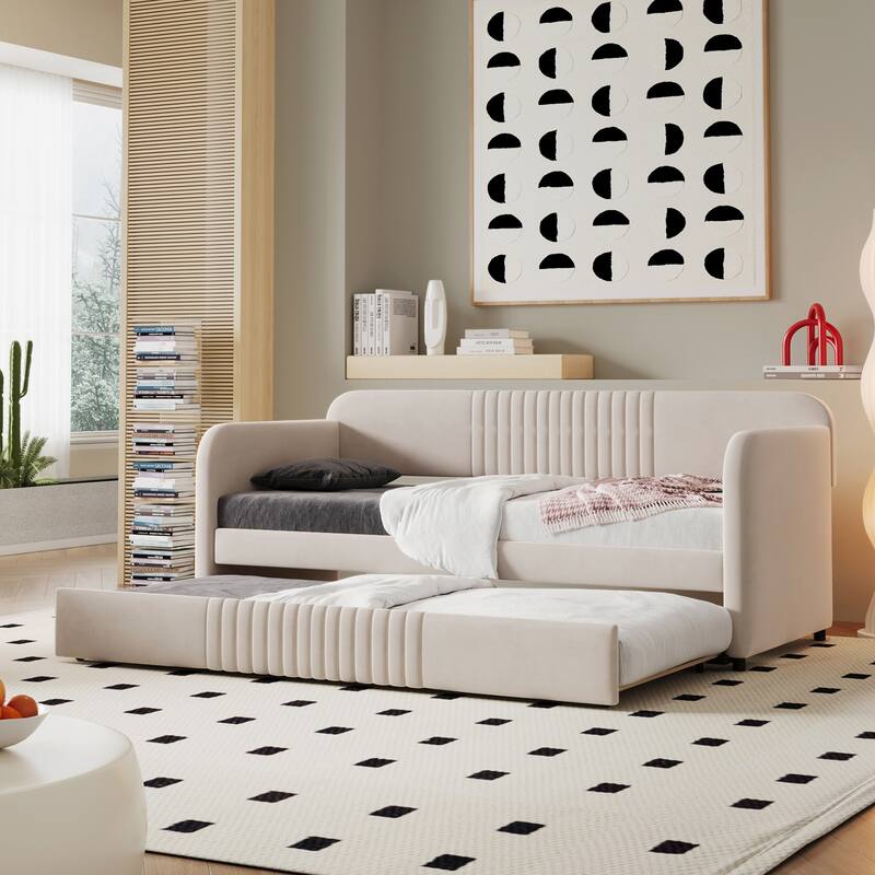Twin Upholstered Daybed with Trundle Bed - Velvet Fabric Sofa Bed with Wood Slats, for Small Spaces, No Box Spring Needed