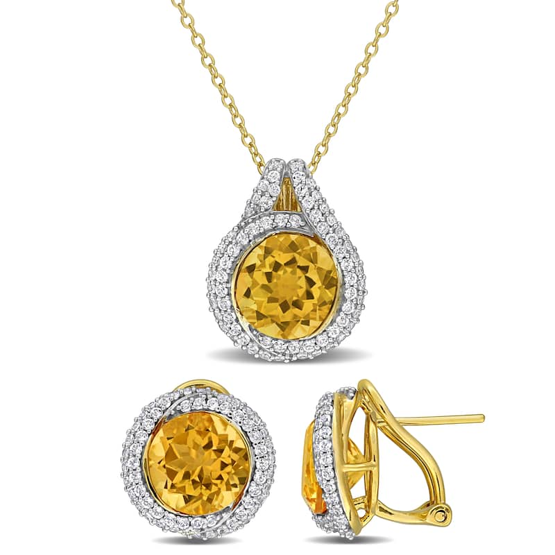 Miadora Sterling Silver Gemstone Halo Necklace and Earrings Set - Yellow