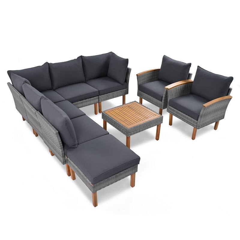 9-Piece Patio Rattan Conversation Set with Coffee Table & Washable Cushion
