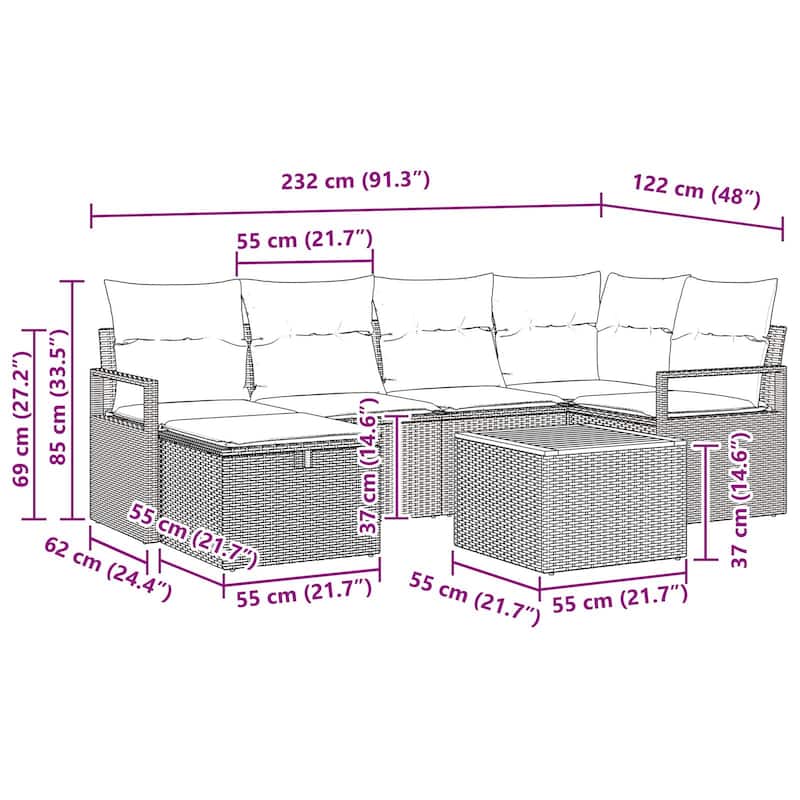 vidaXL 7 Garden Sofa Set with Cushions Black/Grey Poly Rattan - 91.3 x 48 x 27.2