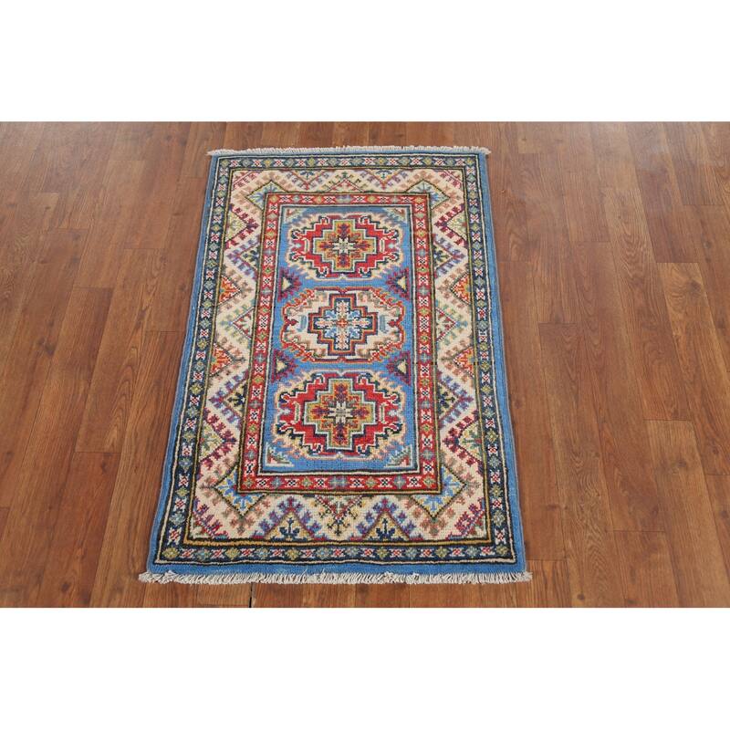 Geometric Blue Kazak Oriental Accent Rug Hand-Knotted Wool Carpet - 2'1"x 2'10"