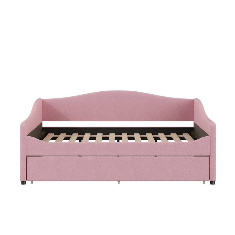 Full Size Upholstered Daybed with LED Lights, Teddy Fleece Fabric, and Twin Trundle, Ideal for Sleepovers