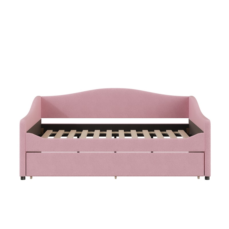 LED Daybed Frame Teddy Fleece Upholstered Sofabed, Wood Panel Bed with Pull-out Trundle Bed, Platform Bed Furniture
