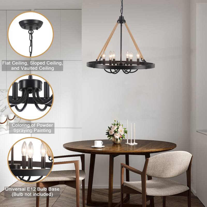 6 - Light Rustic Farmhouse Wagon Wheel Candle Style Chandelier for Living Room Bedroom Dinging Room